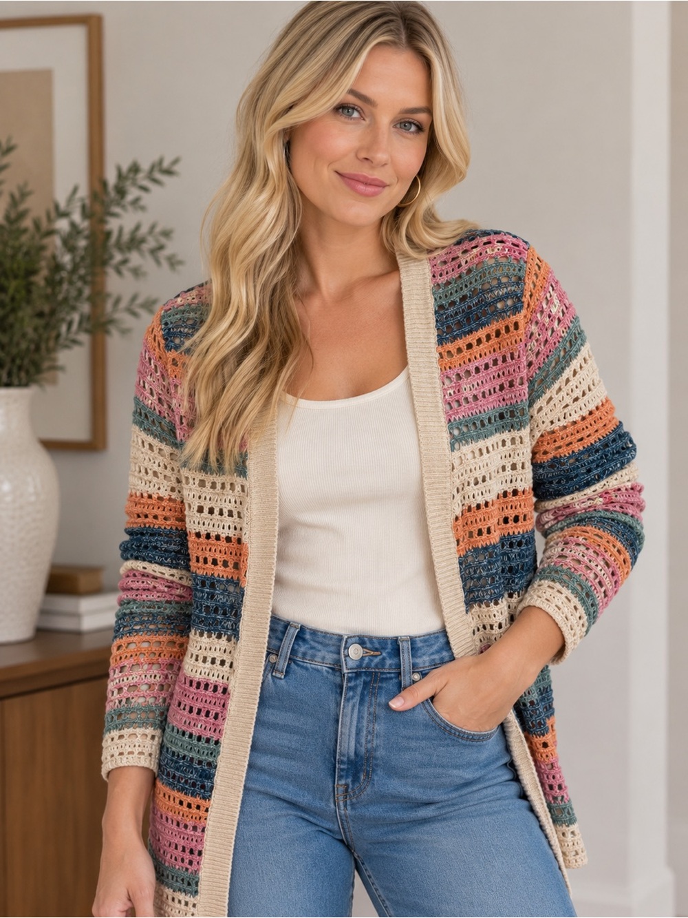Natural Reflections Multicolor Crochet Open-Front Cardigan with Cream Trim